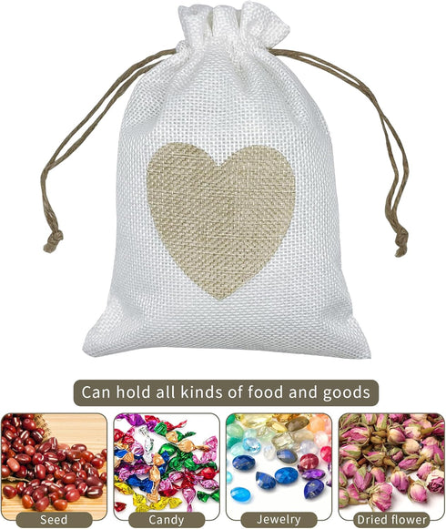 Jexila 24PCS Burlap Drawstring Gift Bags 5X7 Inches Heart Print Linen Burlap Jewelry Gift Bags Fabric Cloth Candy Goodie Pouches for Wedding Showe...