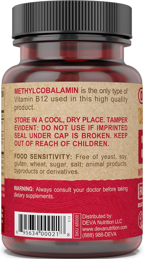 DEVA Vegan Vitamin B12 Fast Dissolve Supplement - Once-Per-Day Complex with 1000 Mcg Methylcobalamin B12, Folic Acid, B6 - Lemon Flavor - 90 Disso...
