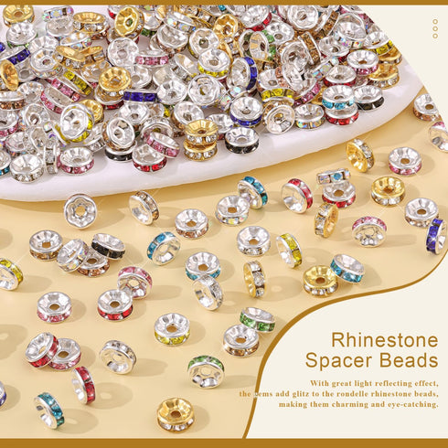 600 pcs 8mm Spacer Beads for Crafting, 10 Colors Rondelle Spacer Beads Box, Fancy Sparkle Crystal Rhinestone Spacer Loose Beads for Necklace Brace...