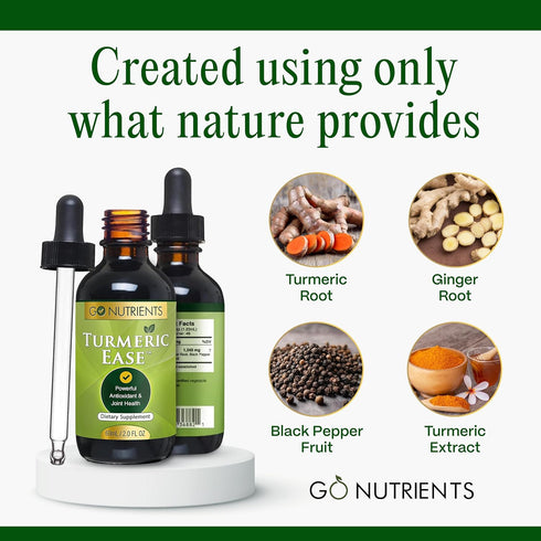 Go Nutrients Turmeric Ease - Organic Turmeric Supplement with Curcumin, Ginger & Black Pepper – Liquid Drops Extract Tincture for Quick Absorption...