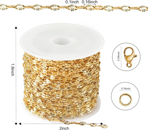 Kyutong 32.8 Feet Gold Plated Stainless Steel Chain for Jewelry Making Thin Embossed Lip Chain Link Necklace Making Supplies with Lobster Clasps J...