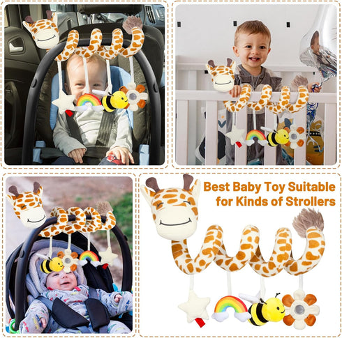 Stuffed Giraffe Spiral Car Seat Toys, 0-6 months Stroller Activity Baby Infant Carseat Toys Hanging Including Bee Rattles| Flower Mirror| Rainbow ...