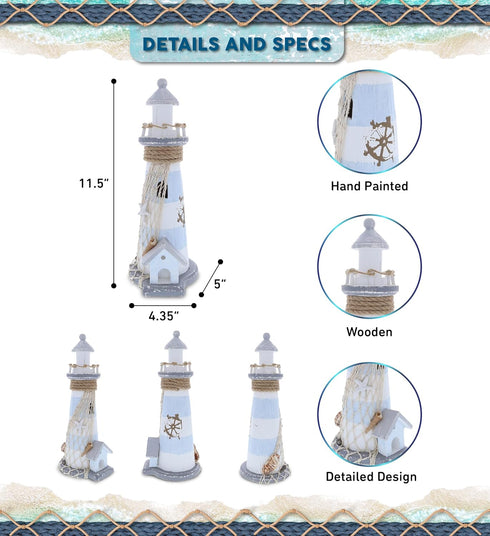 CoTa Global Moonlight Wooden Lighthouse Decor - Handcrafted Nautical Decor Light House with Fish Net Decoration and Cool Ocean Ornament Shells, Wo...