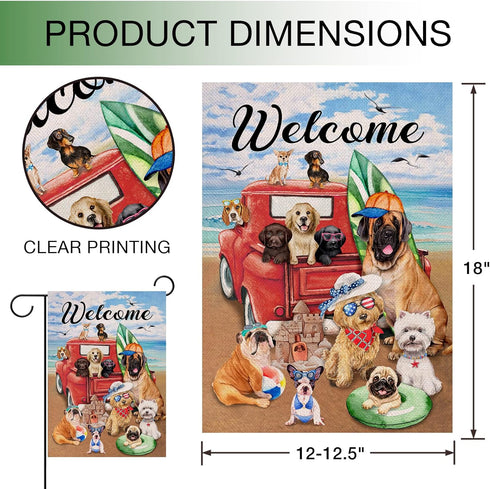 Welcome Summer Dogs Red Truck Beach Garden Flag Double Sided, Ocean Coastal Nautical Pickup Decorative Yard Outdoor Small Decor Home Outside Decor...
