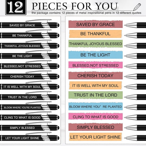 Zonon 12 Pieces Inspirational Motivational Quotes Ballpoint Pens with Stylus Tip Fine Point Smooth Writing Pens Metal Black Ink Pens Stylus Pen Se...