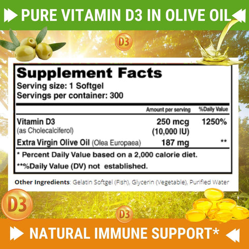 Premium Vitamin D3 10000 IU (250mcg) Infused with Extra Virgin Olive Oil - Immune Support - 300 Softgels - Supports Heart, Joints, Bone, Muscle an...