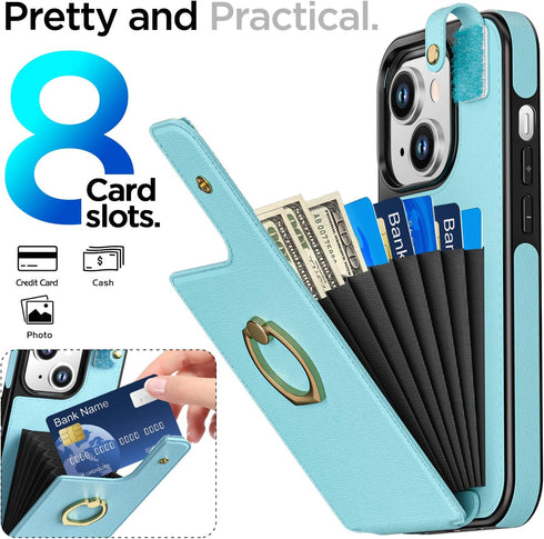 AICase Card Holder Case Compatible with iPhone 15 Plus, Wallet Phone case Protective Cover for Women with Ring Kickstand and 8 Credit Card Slots, ...