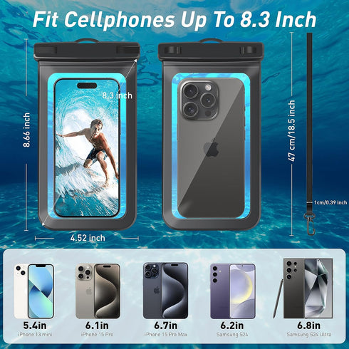 Waterproof Phone Pouch, Universal Dry Bag Case Compatible for iPhone 15 14 13 12 Pro Max, IPX8 Beach Essentials Vacation Must Haves, 2 Pack - Blac...
