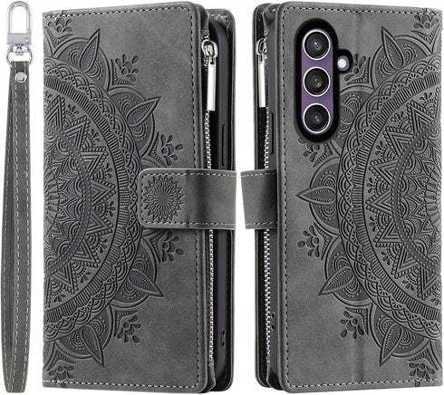 Phone Case for Samsung Galaxy S23 FE 5G Wallet Cover With Tempered Glass Screen Protector and Wrist Strap Mandala Flower Flip Zipper Credit Card H...