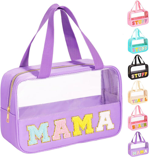 Chenille Letter Patch Clear Makeup Bag, Preppy Nylon Makeup Bag with Handle and Zipper, Waterproof Large Clear Travel Toiletry Bag Storage Bag for...