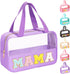 Chenille Letter Patch Clear Makeup Bag, Preppy Nylon Makeup Bag with Handle and Zipper, Waterproof Large Clear Travel Toiletry Bag Storage Bag for...