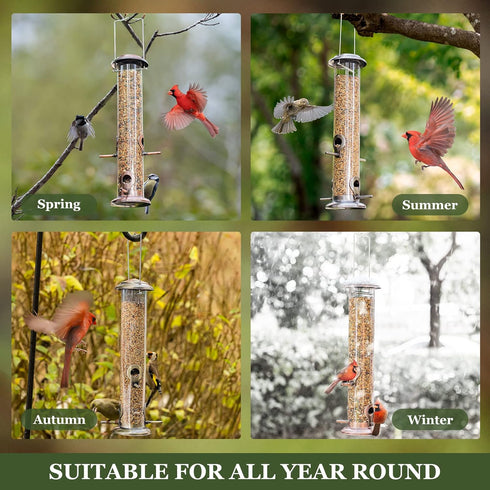 Kingsyard Metal Bird Feeders for Outdoors Hanging, Extra Thick Tube Bird Feeder w/Steel Hanger & 4-Port, 15 inch, Chew-Proof, Weather and Water Re...
