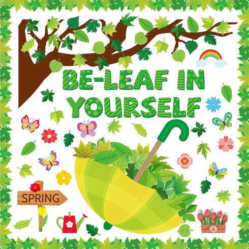 149 Pcs Spring Bulletin Board Boarder Decorations Set Be-Leaf in Yourself Spring Cut Outs Classroom Tree Spring Leaves Flowers Umbrella Cutouts fo...
