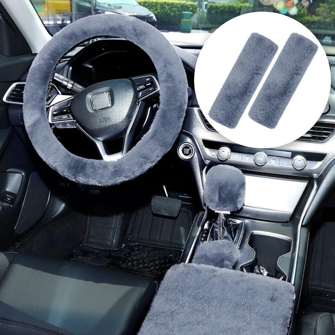 6 Pieces Fluffy Steering Wheel Covers Set for Women, Fur for Car Accessories, Fuzzy Gear Shift Cover Handbrake Center Console Seat Belt Shoulder P...