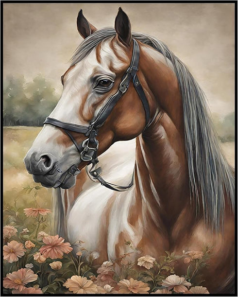 Posterizer 1 pcs- Beautiful brown horse in the middle of a flower garden-Art for Animal Lovers-Floral Botanical Art- Gift for Men Women Teens-Liv...
