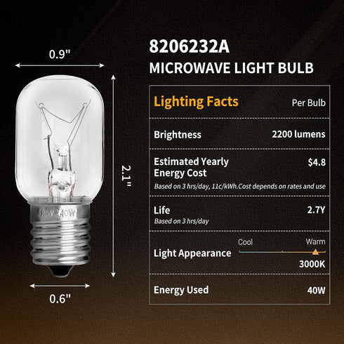 UP2WIN Light Bulb Compatible with Whirlpool 8206232A Light Bulb, 40w 125v Microwave Oven Light Replace for Part Whirlpool Kenmore Maytag Microwave...