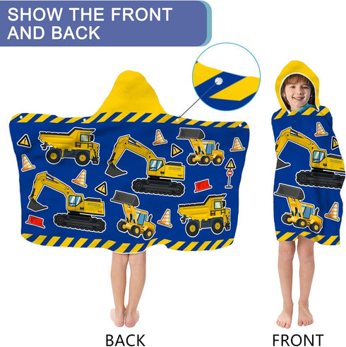 Kids Beach Towel With Hood - Excavators Vehicles Engineering Theme for Boys Girls, Microfiber Soft Bath Poncho Bathrobe Wrap Robe for Swim Pool - ...