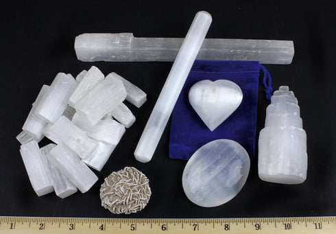 DANCING BEAR Selenite Protection Collection (22 pc Set): 12-15 Sticks (1.5-2”), Palm Stone, Heart, Tower, 8" Stick, 5.5" Massage Wand, and Desert ...