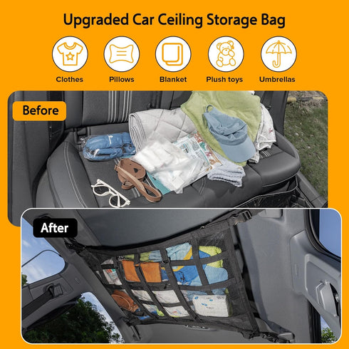 Car Ceiling Cargo Net with 3 Pockets,31.5"x21.6" Reduce Sagging Car Storage Mesh Organizer,Double Layer Roof Mesh Camping Overlanding Gear Must Ha...