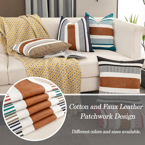 Pack of 2 Farmhouse Decorative Throw Pillow Covers 18x18 Modern Faux Leather Accent Cushion Cover,Rustic Stripe Pillowcase for Living Room Sofa Be...