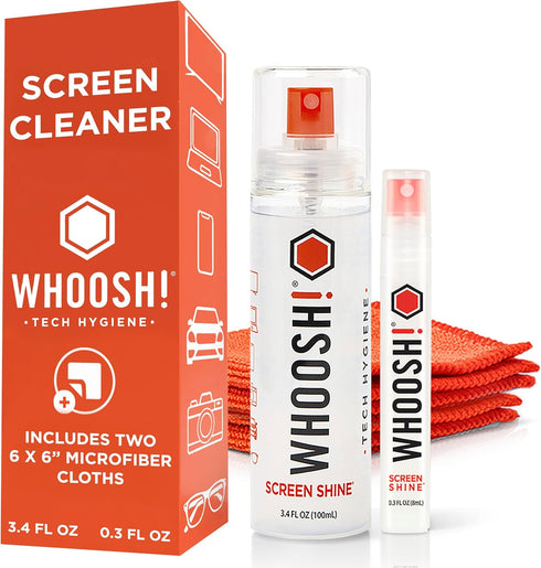 WHOOSH! Screen Shine Duo - Screen Cleaner Spray for iPad, Monitor, Laptop, MacBook - 3.4 oz & 0.3 oz Bottles with 2 Microfiber Cloths - Portable E...