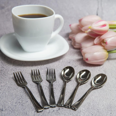 Premium Mini Disposable Silver Plastic Spoons and Forks for Dessert and Appetizers | Small Cocktail Spoon and Fork Serving Set (40 Piece Bundle) |...