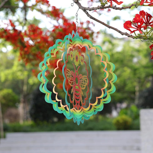 Kinetic 3D Metal Bee Wind Spinner Hanging Ornament Worth Gift for Home and Garden - 12inch Bee Mandala Kinetic Hanging Whirligigs Sun Catcher Wind...