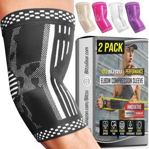 BLITZU 2 Pack Elbow Brace Support, Elbow Compression Sleeve Orthopedic Pain Relief for Golfer's, Tennis Elbow, Arthritis, Bursitis, Tendonitis Tre...