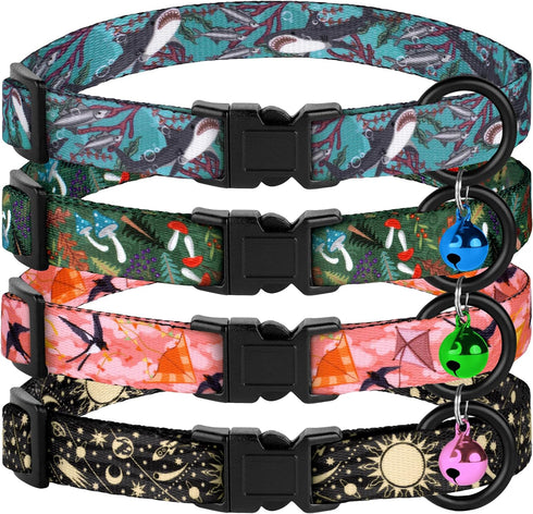 4PCS Breakaway Cat Collars with Bell, Cute Kitty Adjustable Safe Kitten Collars, 4-Pack, Nylon Pet Collars Space Mushrooms Shark Birds Print (Natu...