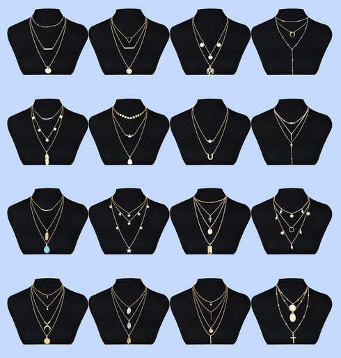 JOERICA 16 Pcs Gold Layered Necklaces Choker Chain Y Necklace Set for Women Disc Bar Shell Feather Horn Blessed Virgin Mary Pendant Necklace Jewel...