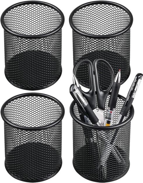 QYH Metal Pencil Holder for Desk Mesh Pen Cup 4 Packs Black Pen Organizer Office 3.54x3.93 Inch...
