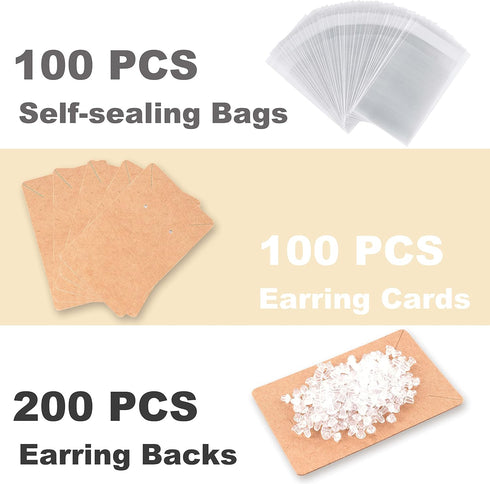 Earring Display Cards with 100 Pcs Earring Holder Cards 200 Pcs Earring Backs and 100 Jewelry Packaging for Earrings Necklace Jewelry Bags 3.5x2.4...