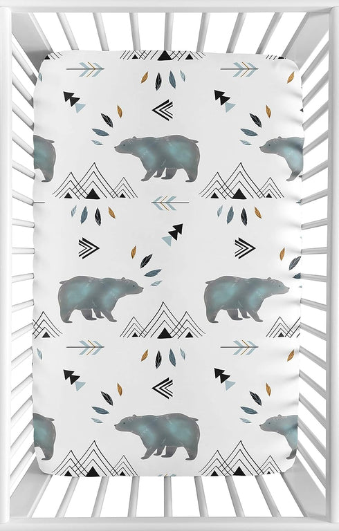 Sweet Jojo Designs Blue White Watercolor Baby Boy Fitted Mini Portable Crib Sheet Bear Mountain Collection - for Mini Crib or Pack and Play ONLY...