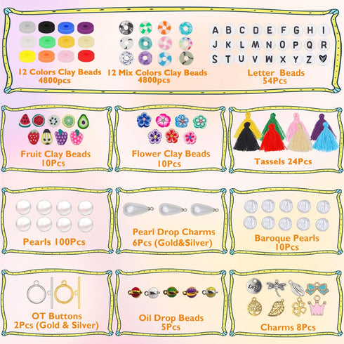 LET'S BEADING Flat Round Clay Beads Kit with Pearl Beads Letter Beads Enamel Charms Fruit Beads Tassels Copper Wires Jewelry Findings for Bracelet...