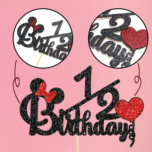 Happy 1/2 Birthday Cake Topper, Black and Red Glitter Mouse Theme Baby Shower Sign, Carton Theme Cake Decoration, 6 Months Birthday Party Supplies...