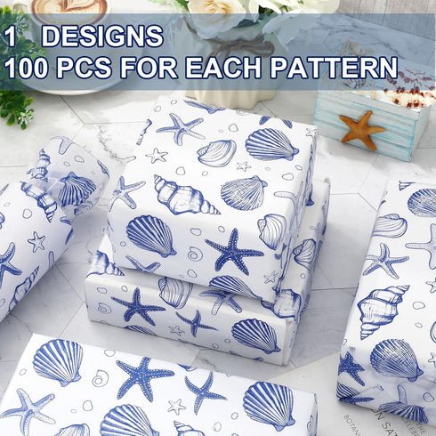 JarThenaAMCS 100 Sheets Ocean Tissue Paper Blue Sea Shell Starfish Gift Wrapping Paper Coastal Beach DIY Art Craft Tissue for Wedding Birthday Sum...
