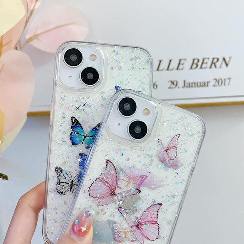 Compatible iPhone 14 Plus Case Clear Women Girls Flexible TPU Purple Butterfly Stars Sparkle Glitter Anti-Scratch Shockproof Protective Phone Cove...