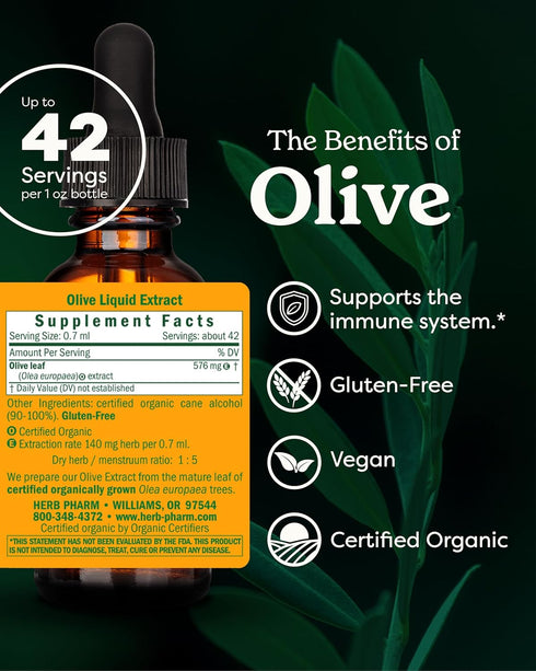 Herb Pharm Certified Organic Olive Leaf Liquid Extract for Immune System Support - 1 Ounce...