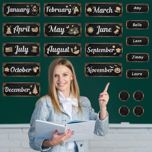 Gueevin 60 Pcs Industrial Chic Months of the Year Bulletin Board Set Holiday Monthly Headliners Employee of the Month Sign 12 Seasonal Monthly Hea...