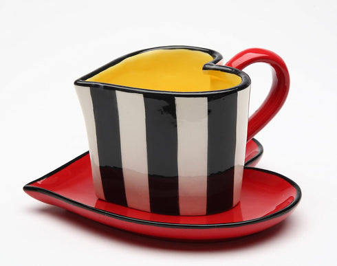 62369 Fine Ceramic Black and White Striped Heart Shape Cup and Saucer, 5-1/4"...