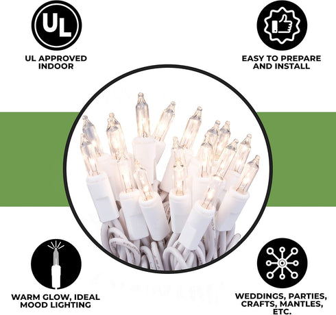 612 Vermont Clear 20 Count Christmas String Lights on White Wire Cord, UL Approved for Indoor Use Only, Total Length 4.9 Foot, Lighted Length 3.4 ...