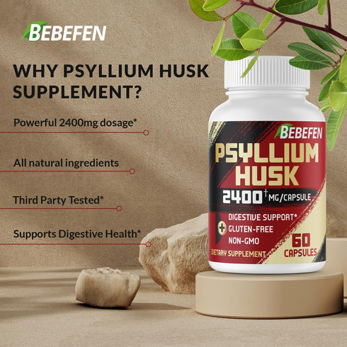 BEBEFEN Psyllium Husk Capsules 2400mg with Black Pepper - 2 Month Supply - Daily Soluble Fiber for Gut Health - Non-GMO and Gluten-Free Formula...