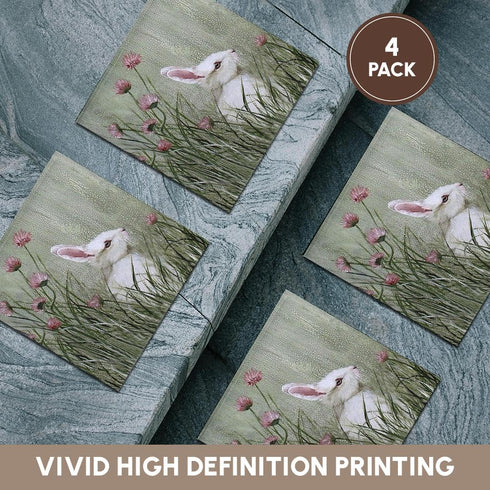 3dRose CST_44349_3 Side View of Bunny Rabbit in Tall Grass with Pink Wildflowers-Ceramic Tile Coasters, Set of 4...