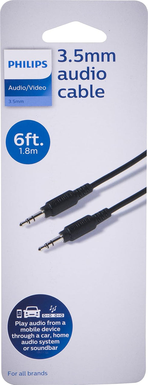 PHILIPS 6ft (1.8m) 3.5mm Audio Cable, Flexible, Long Aux Cable for Car Stereo, Cell Phones, Tablets, Headphones, & Portable Speakers, Male-to-Male...