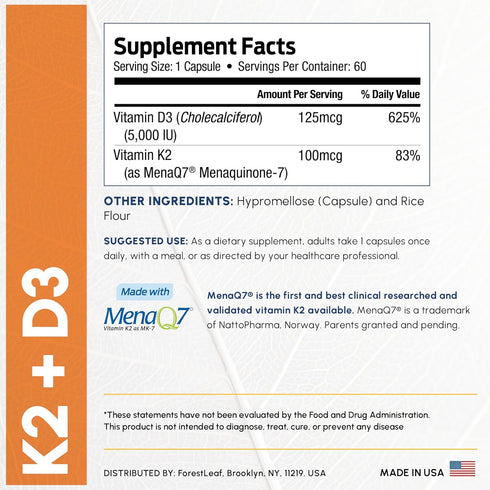 ForestLeaf Vitamin D3 + K2 (MK7) Supplement - MenaQ7 - Calcium and Vitamin D3 5000 IU Max Absorption - Teeth and Bone Strength, Heart Health, Immu...