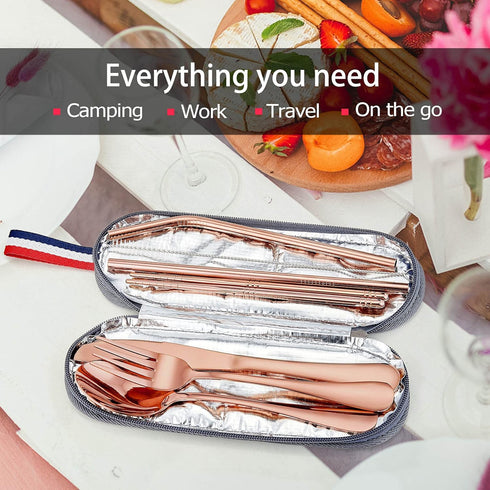 LIANYU 8-Piece Portable Utensils Set, Stainless Steel Copper Travel Silverware Set, Reusable Flatware Cutlery with Straws Chopsticks, Gray Case...
