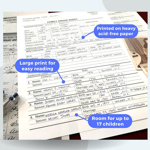 LARGE PRINT Two-Sided Family Group Sheets for Genealogists (7-pack) by EasyGenie | Archival-Quality Genealogy Forms...