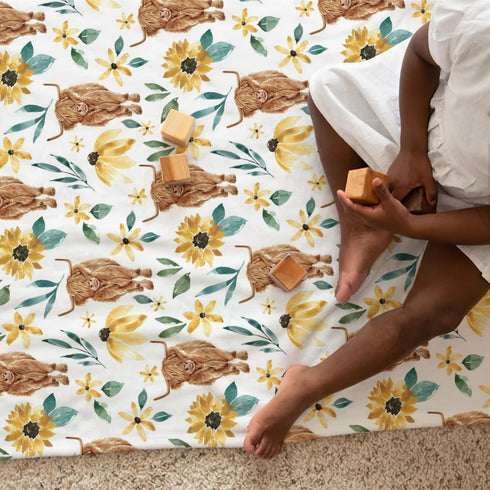 Highland Cow Sunflower Minky Baby Blanket Dotted Backing Girl Gift, Yellow Western Farm Animal Floral Double Layer Flannel Nursery Bed Blankets, S...