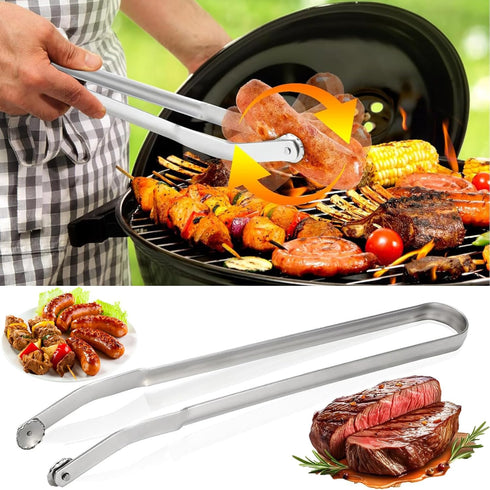 BBQ Sausage Turning Tongs Stainless Steel Kitchen Cooking Tongs Long Handle BBQ Grill Tongs Hot Dog Tongs Grill Flipping Tongs for Turning Bacon S...