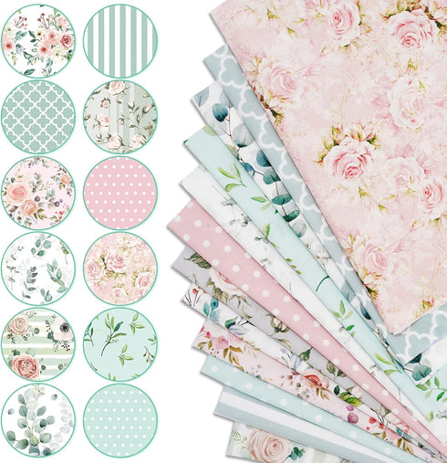 Whaline 12Pcs Spring Cotton Fabric Bundles 10 x 10 Inch Floral Greenery Printed Fat Quarters Pink Green Retro Quilting Patchwork for DIY Handmade ...
